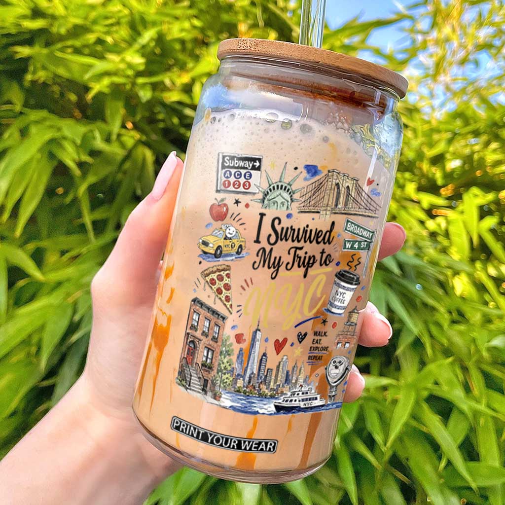 I Survived My Trip To NYC Iconic Symbols Graphic Glass Can Funny New York City Travel Humor Vacation Souvernir TS02 White Print Your Wear
