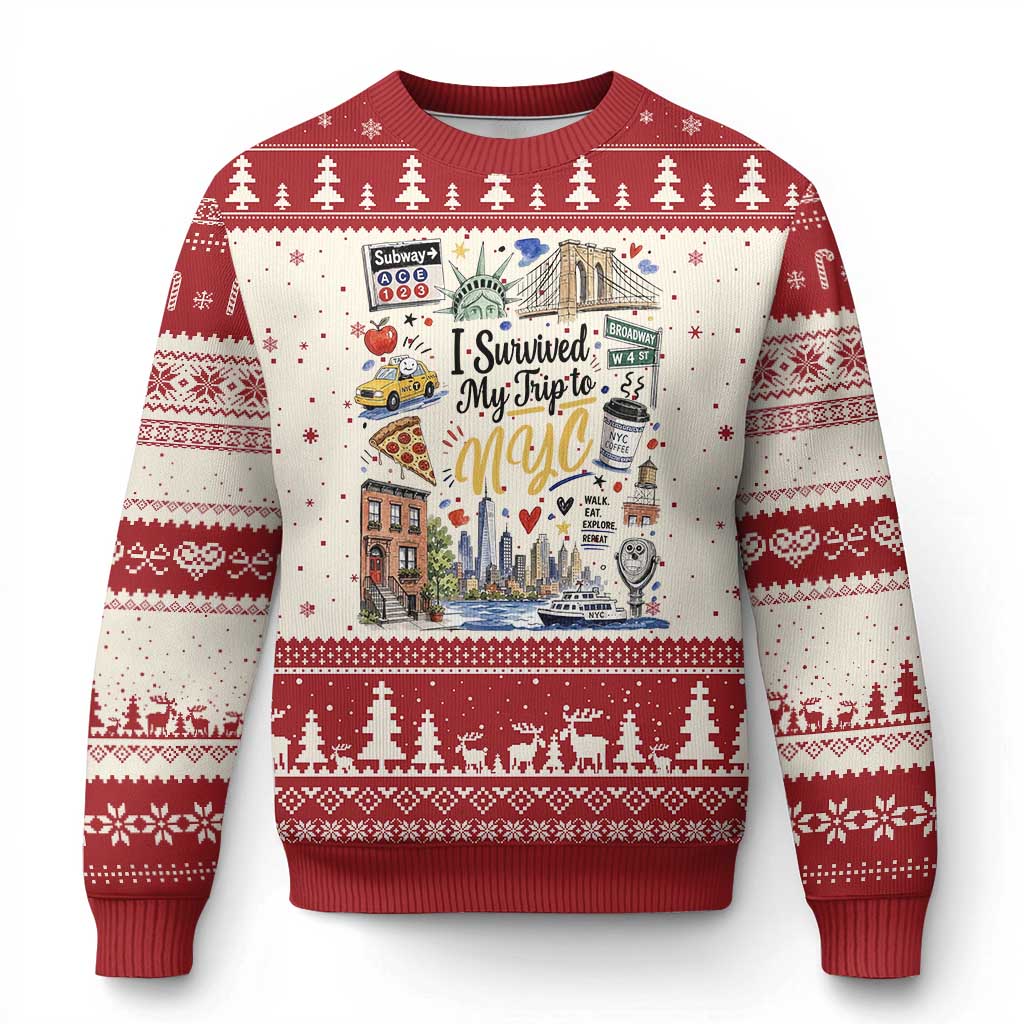 I Survived My Trip To NYC Iconic Symbols Graphic Ugly Christmas Sweater Funny New York City Travel Humor Vacation Souvernir TS02 Beige Red Print Your Wear