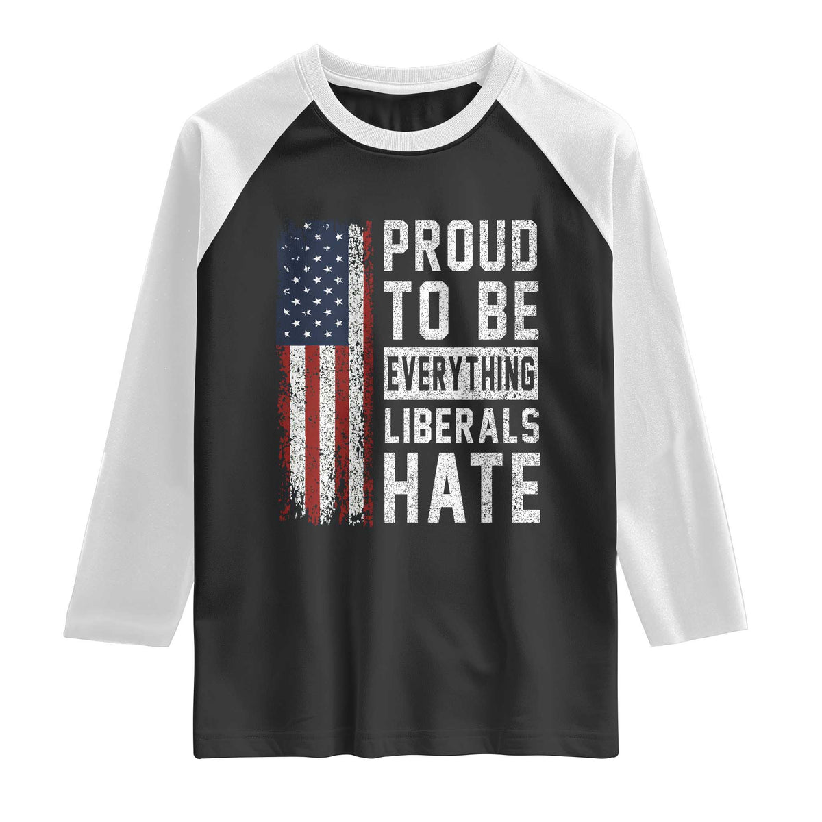 Proud To Be Everything Liberals Hate Satire Raglan Shirt Distressed American Flag Patriotic Sarcasm Graphic TS02 Black White Print Your Wear