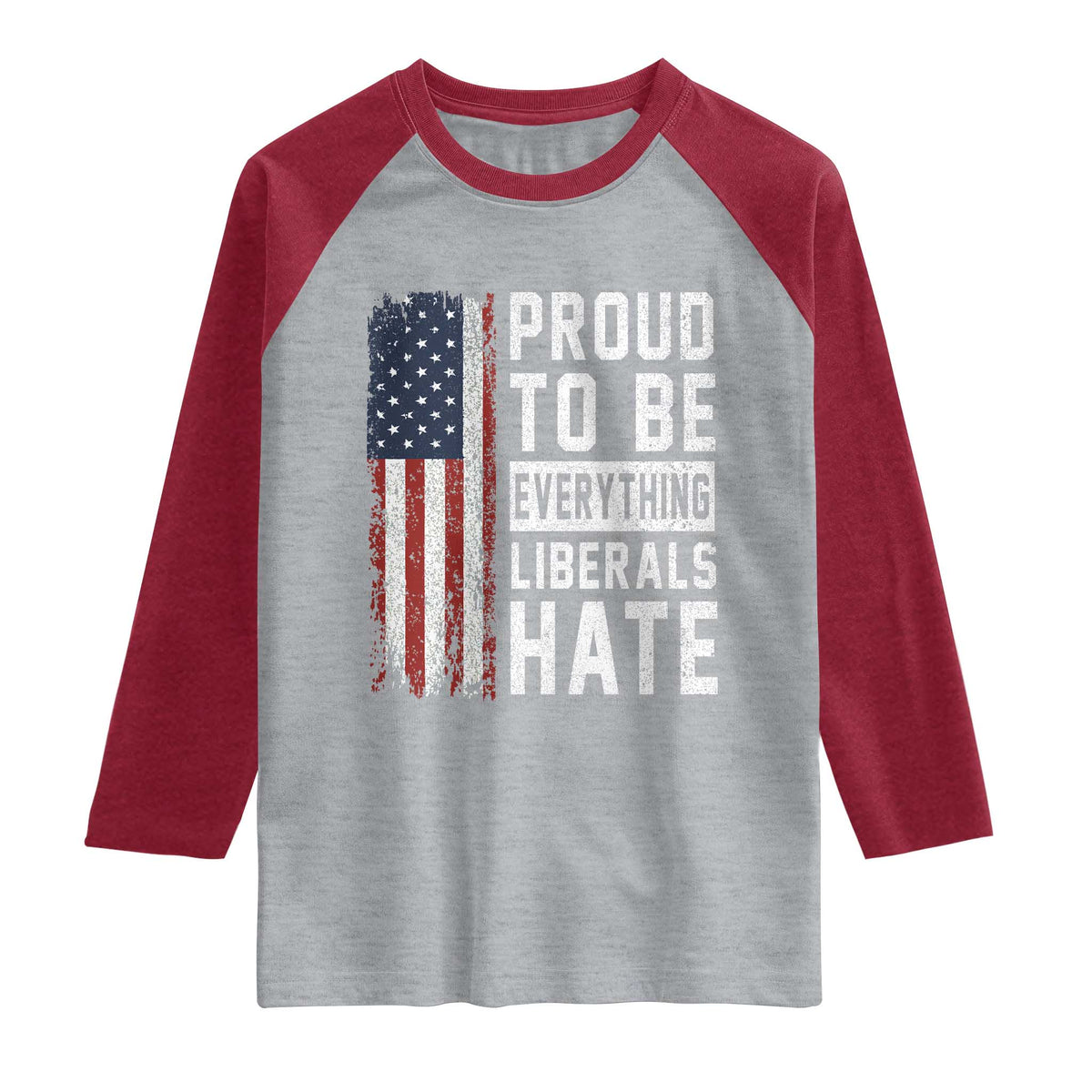 Proud To Be Everything Liberals Hate Satire Raglan Shirt Distressed American Flag Patriotic Sarcasm Graphic TS02 Heather Gray Heather Red Print Your Wear