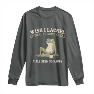 Funny Overthinking Frog Drinking Coffee Meme Long Sleeve Shirt What If Everyone Else Is Just Underthinking TS02 Dark Heather Print Your Wear