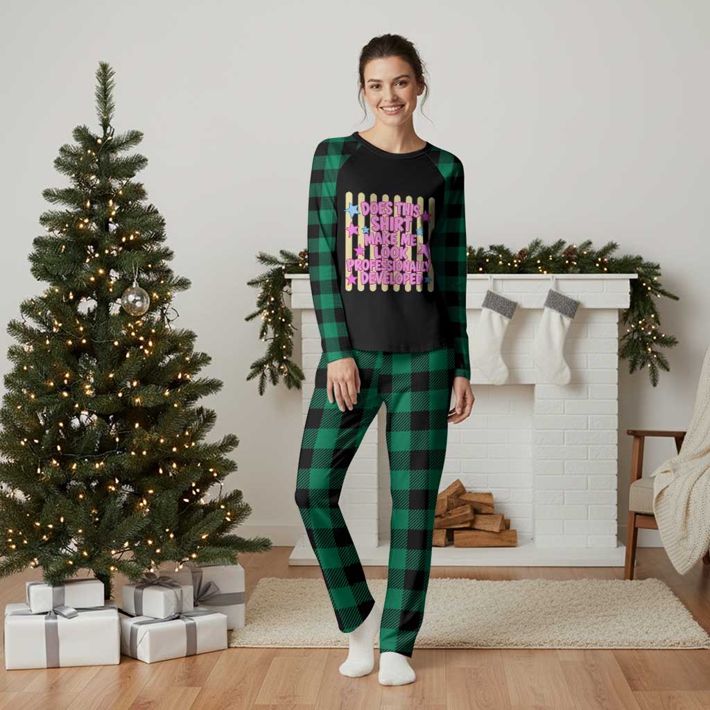 Does This Shirt Make Me Look Professionally Developed Plaid Pajama Set Y2K Retro Stars Funny Professional Development Workplace Humor TS02 Green Plaid Print Your Wear
