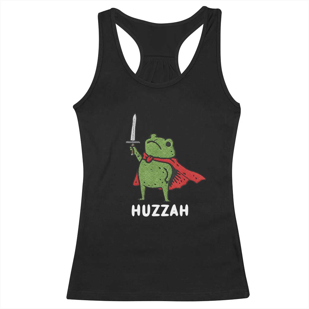 Funny Huzzah Frog Meme Racerback Tank Top Knight with Sword Whimsical Viral Amphibian Humor TS02 Black Print Your Wear