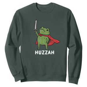 Funny Huzzah Frog Meme Sweatshirt Knight with Sword Whimsical Viral Amphibian Humor TS02 Dark Forest Green Print Your Wear