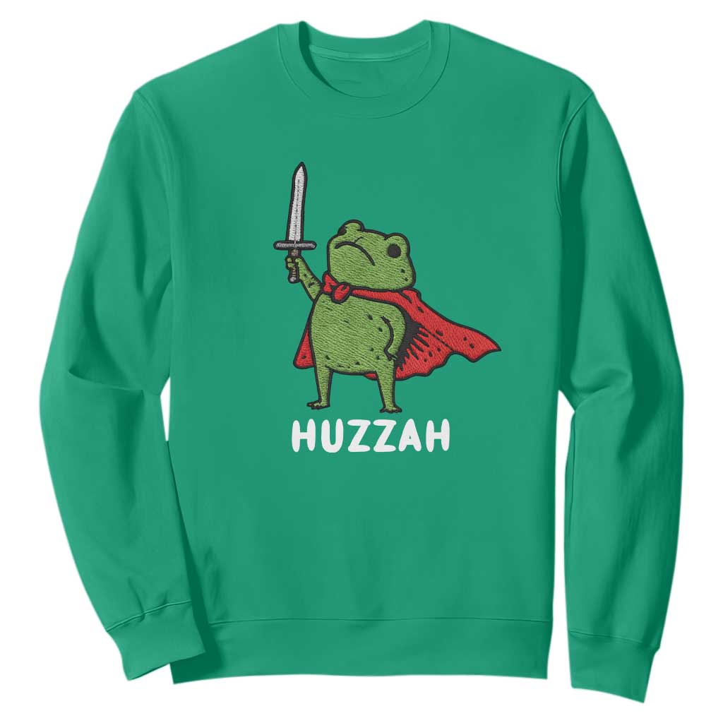 Funny Huzzah Frog Meme Sweatshirt Knight with Sword Whimsical Viral Amphibian Humor TS02 Irish Green Print Your Wear