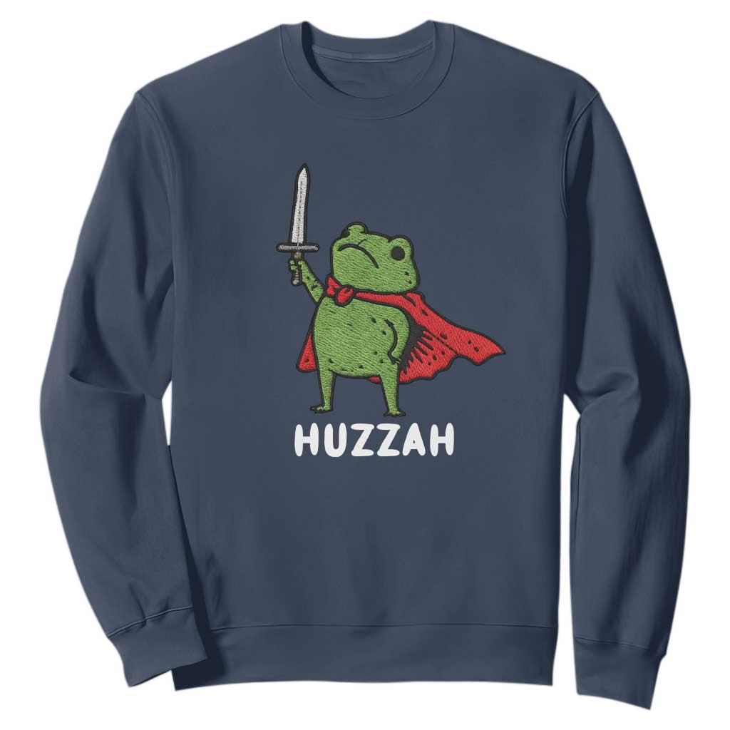 Funny Huzzah Frog Meme Sweatshirt Knight with Sword Whimsical Viral Amphibian Humor TS02 Navy Print Your Wear