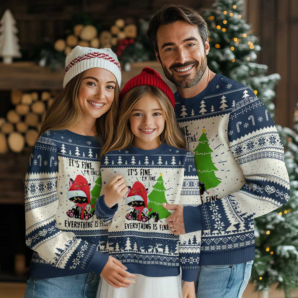 Black Cat Christmas Ugly Christmas Sweater It's Fine I'm Fine Everything Is Fine TS02 Navy Print Your Wear