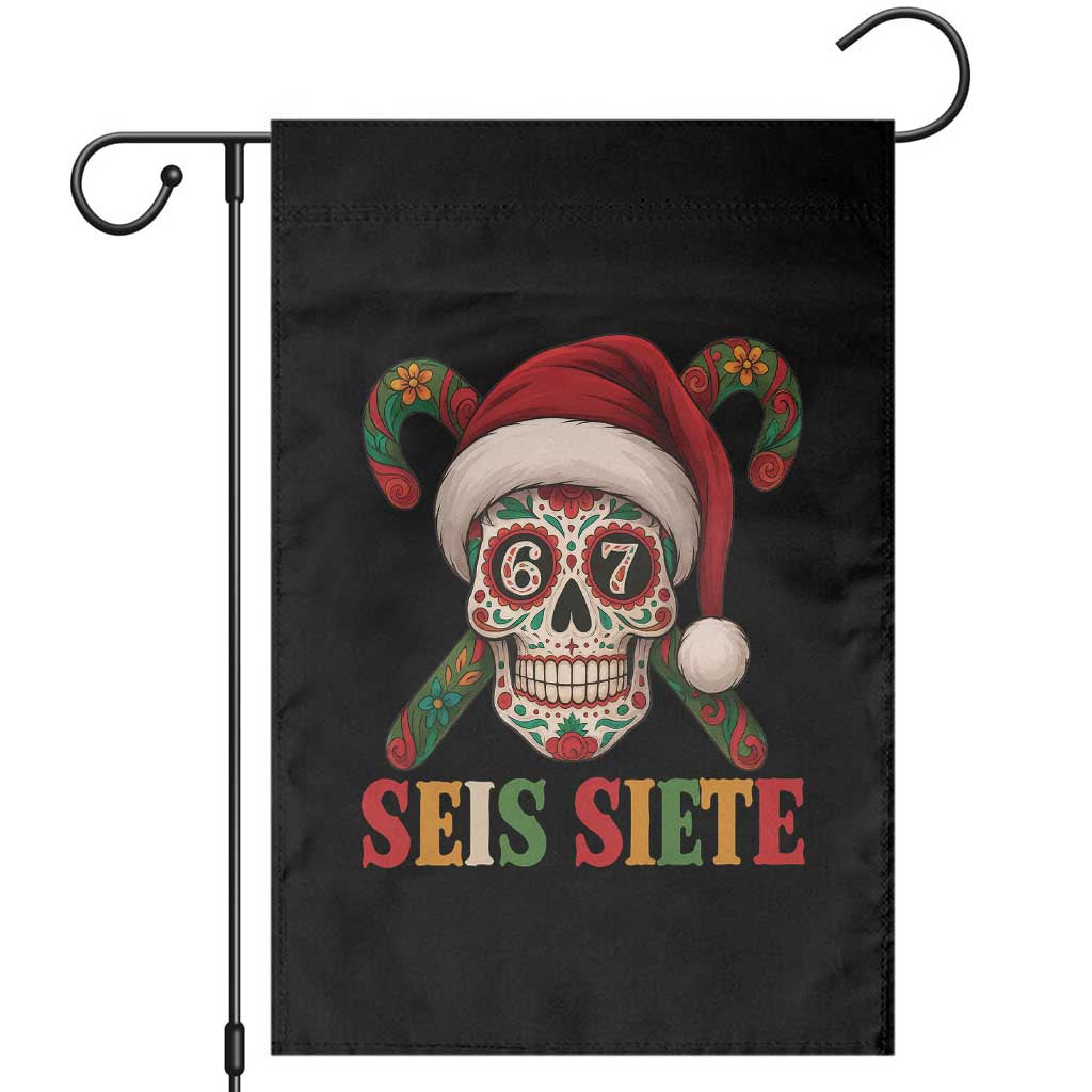 Seis Siete Christmas Meme Garden Flag Sugar Skull 67 Santa Hat Candy Canes TS02 Black Print Your Wear