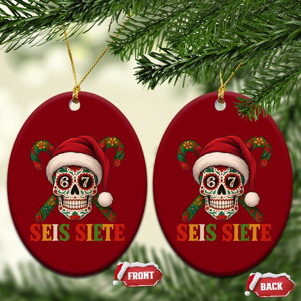Seis Siete Christmas Meme Ceramic Ornament Sugar Skull 67 Santa Hat Candy Canes TS02 Print Your Wear