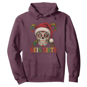 Seis Siete Christmas Meme Hoodie Sugar Skull 67 Santa Hat Candy Canes TS02 Maroon Print Your Wear
