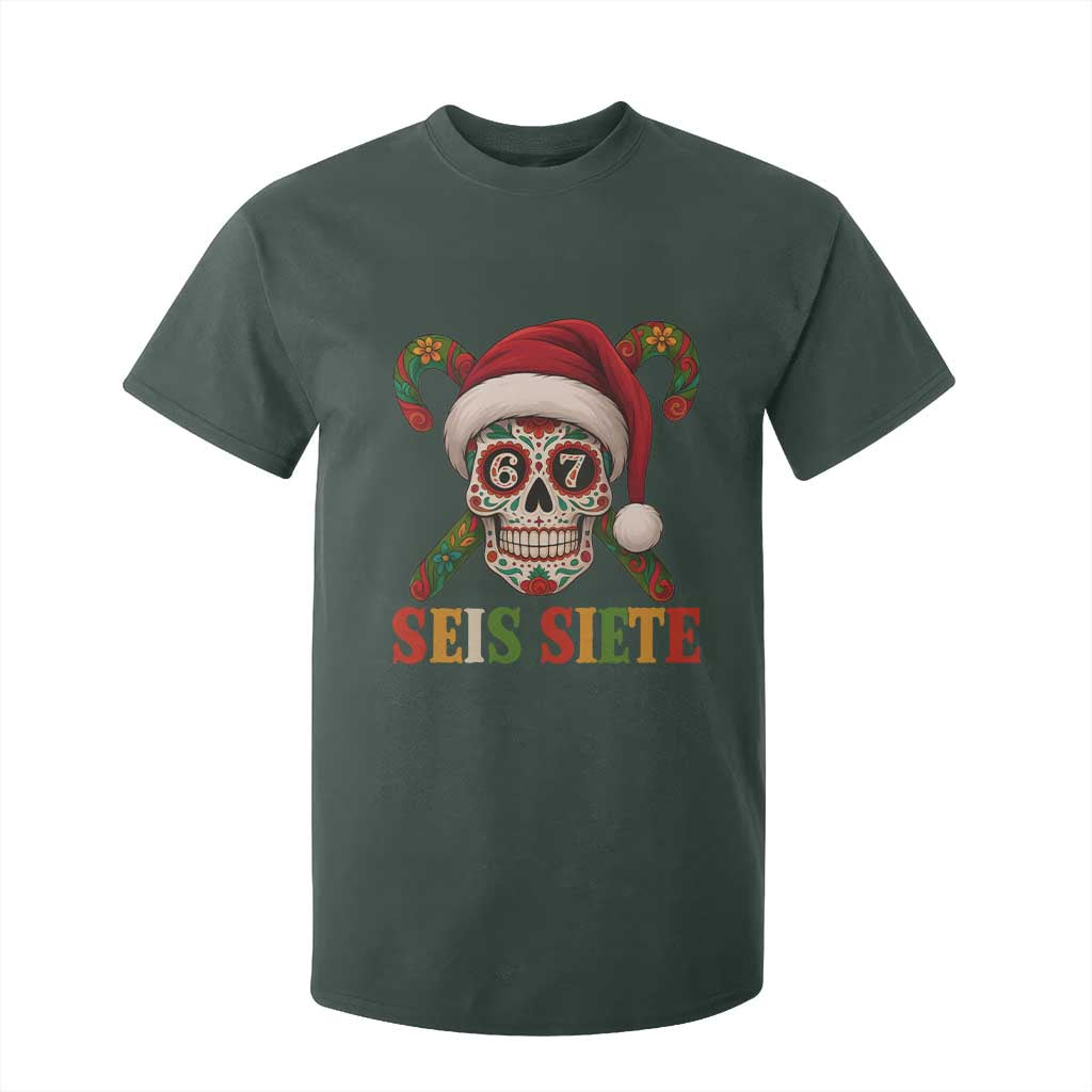 Seis Siete Christmas Meme T Shirt For Kid Sugar Skull 67 Santa Hat Candy Canes TS02 Dark Forest Green Print Your Wear