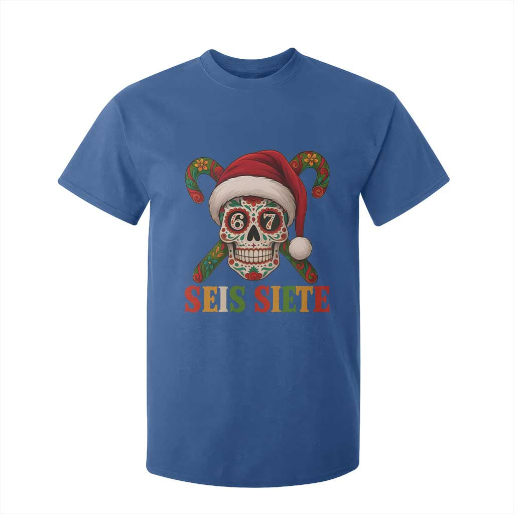 Seis Siete Christmas Meme T Shirt For Kid Sugar Skull 67 Santa Hat Candy Canes TS02 Royal Blue Print Your Wear