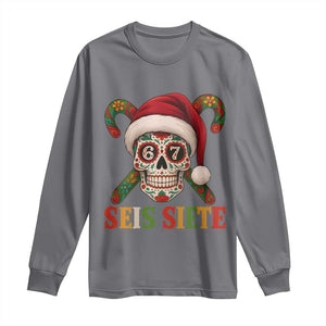 Seis Siete Christmas Meme Long Sleeve Shirt Sugar Skull 67 Santa Hat Candy Canes TS02 Charcoal Print Your Wear