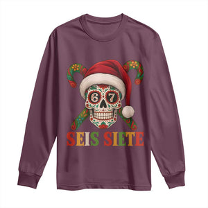 Seis Siete Christmas Meme Long Sleeve Shirt Sugar Skull 67 Santa Hat Candy Canes TS02 Maroon Print Your Wear