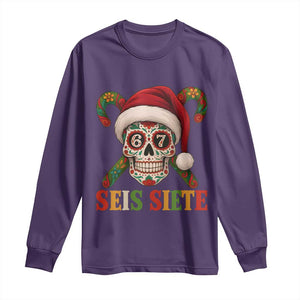 Seis Siete Christmas Meme Long Sleeve Shirt Sugar Skull 67 Santa Hat Candy Canes TS02 Purple Print Your Wear
