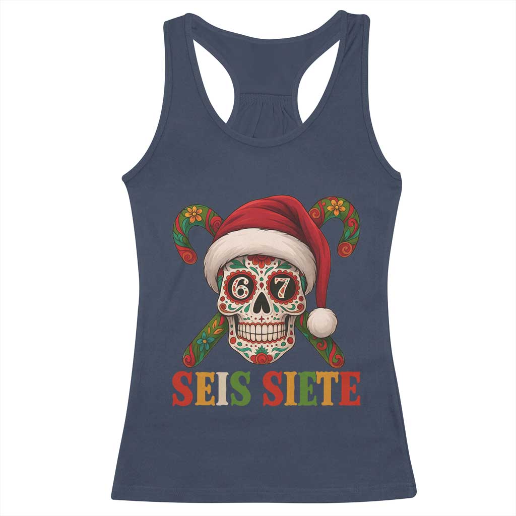 Seis Siete Christmas Meme Racerback Tank Top Sugar Skull 67 Santa Hat Candy Canes TS02 Navy Print Your Wear