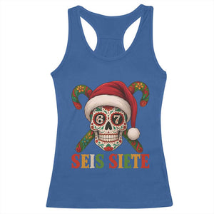 Seis Siete Christmas Meme Racerback Tank Top Sugar Skull 67 Santa Hat Candy Canes TS02 Royal Blue Print Your Wear
