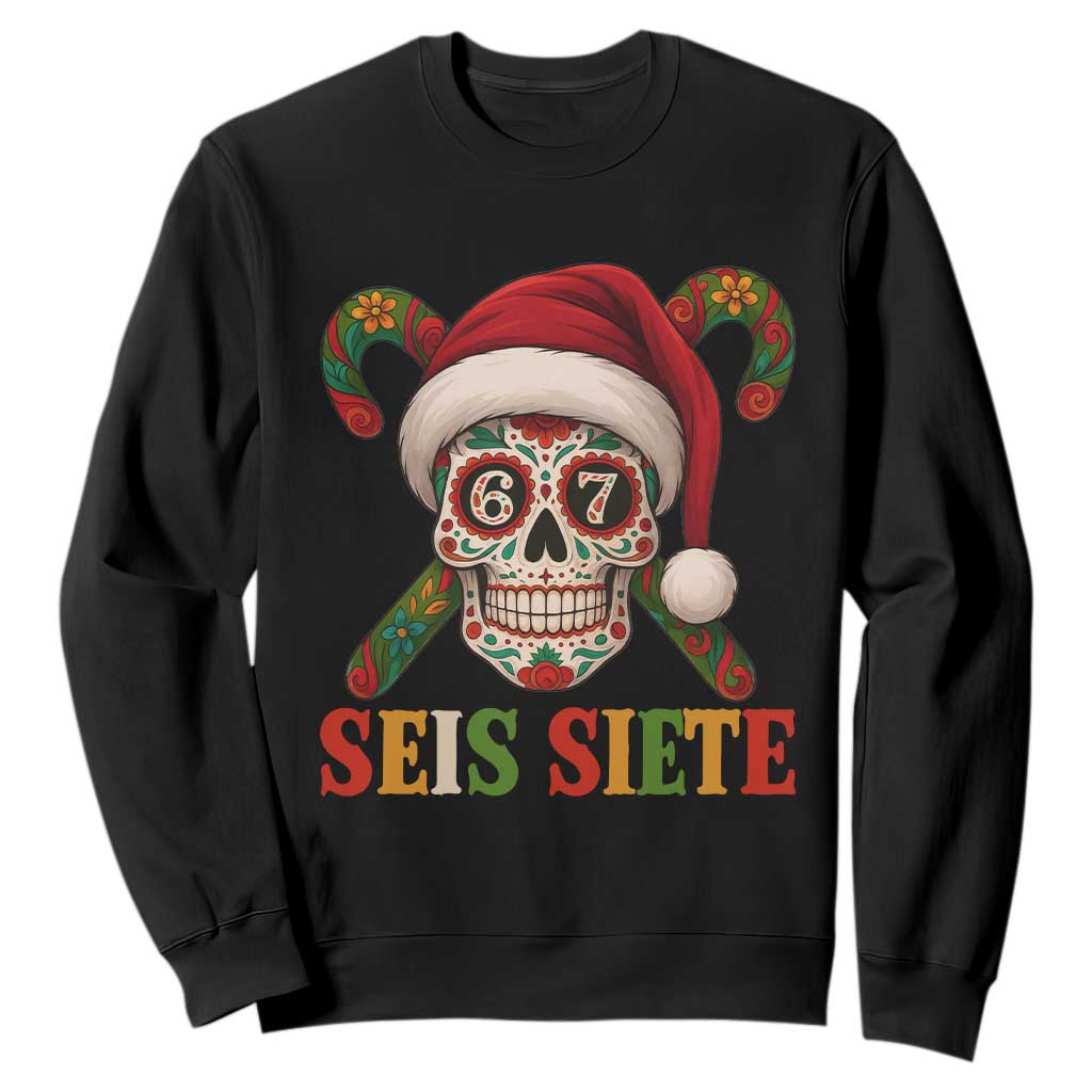 Seis Siete Christmas Meme Sweatshirt Sugar Skull 67 Santa Hat Candy Canes TS02 Black Print Your Wear