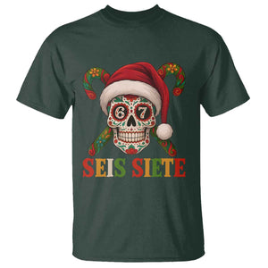 Seis Siete Christmas Meme T Shirt Sugar Skull 67 Santa Hat Candy Canes TS02 Dark Forest Green Print Your Wear