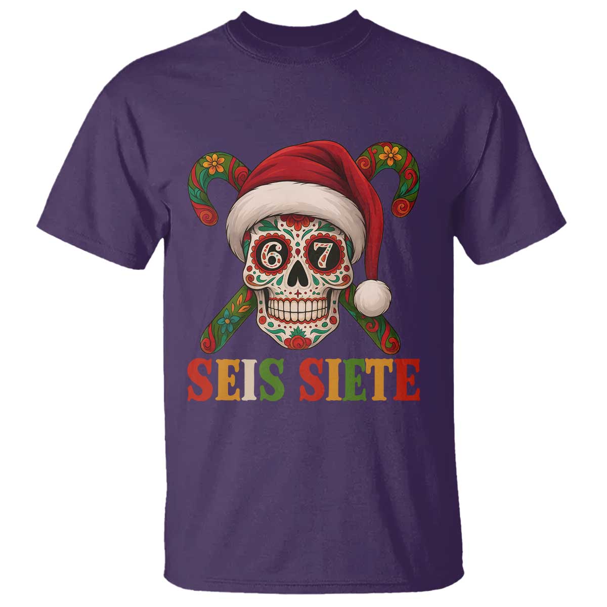 Seis Siete Christmas Meme T Shirt Sugar Skull 67 Santa Hat Candy Canes TS02 Purple Print Your Wear