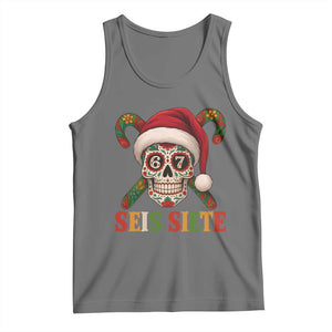 Seis Siete Christmas Meme Tank Top Sugar Skull 67 Santa Hat Candy Canes TS02 Black Heather Print Your Wear