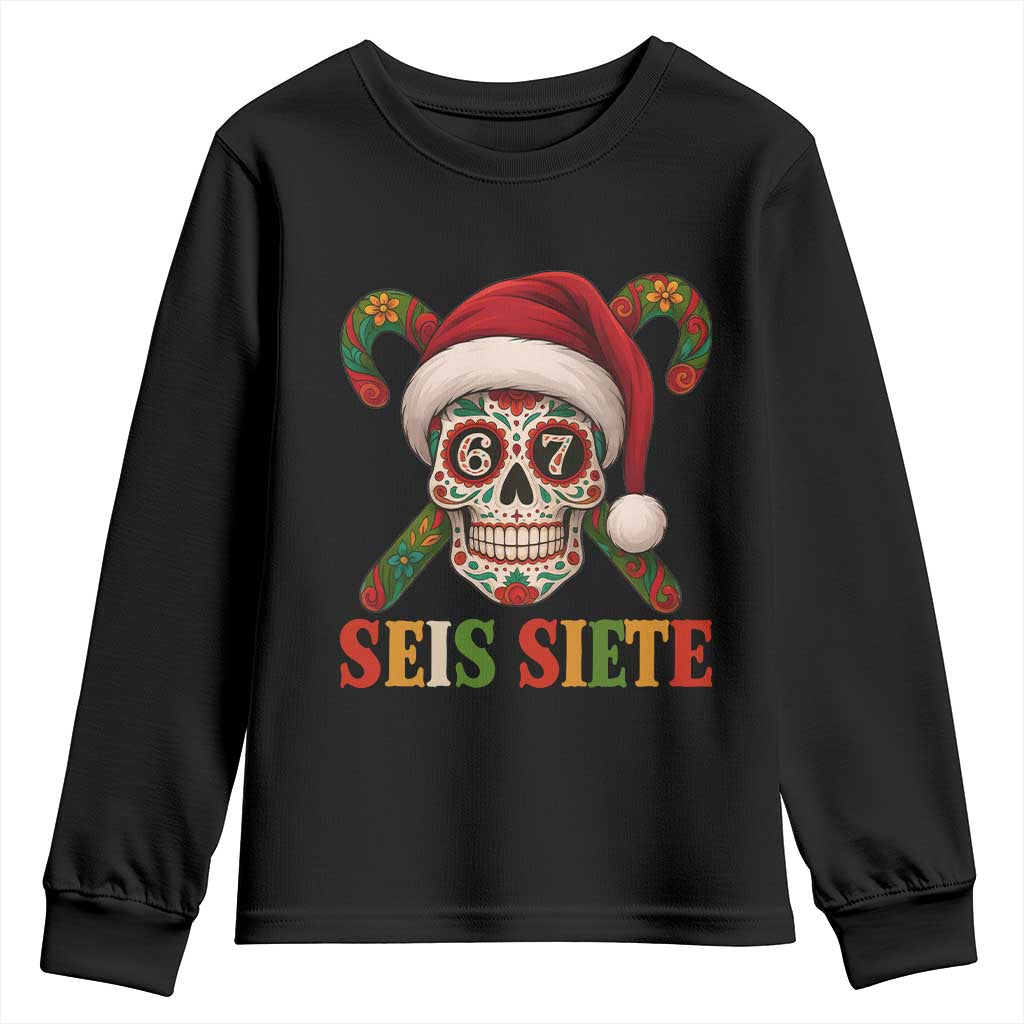 Seis Siete Christmas Meme Youth Sweatshirt Sugar Skull 67 Santa Hat Candy Canes TS02 Black Print Your Wear