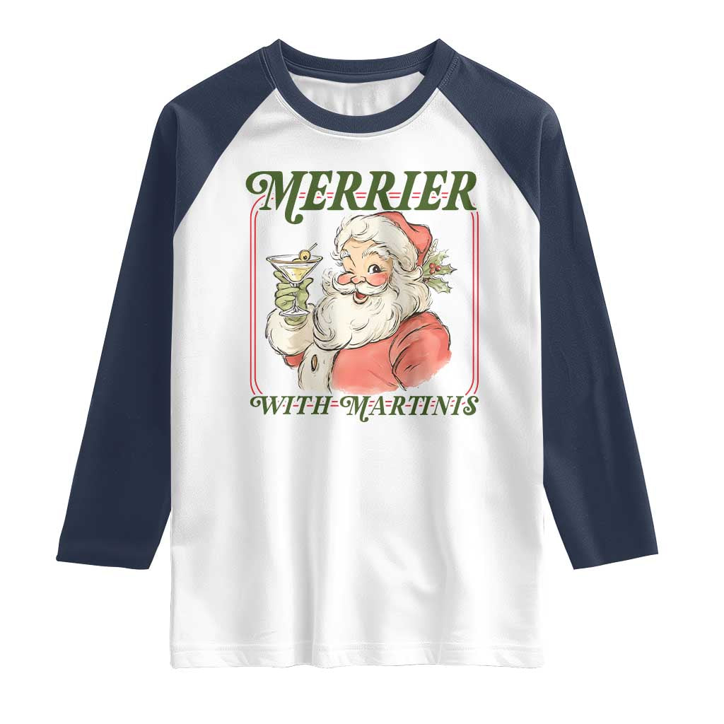 Merrier With Martinis Raglan Shirt Funny Retro Santa Christmas Cocktail Lover TS02 White Navy Print Your Wear