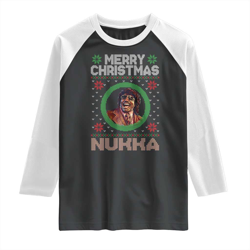 Funny Retro Merry Christmas Nukka Parody Raglan Shirt Holiday Cheer 90s Xmas Throwback Parody TS02 Black White Print Your Wear