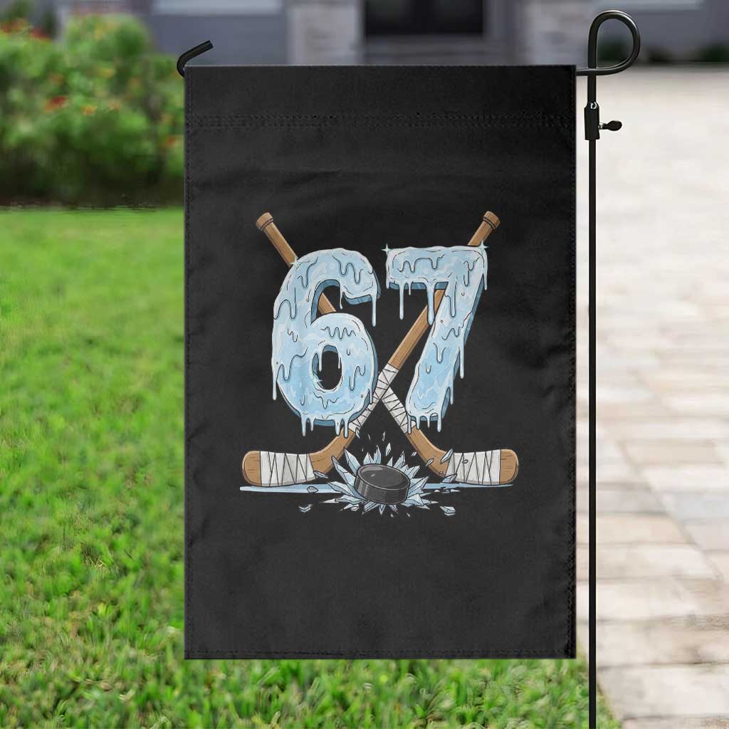 67 Ice Hockey Sticks and Puck Garden Flag Funny Six Seven Brainrot Dripping Number Melting Snow TS02 Print Your Wear