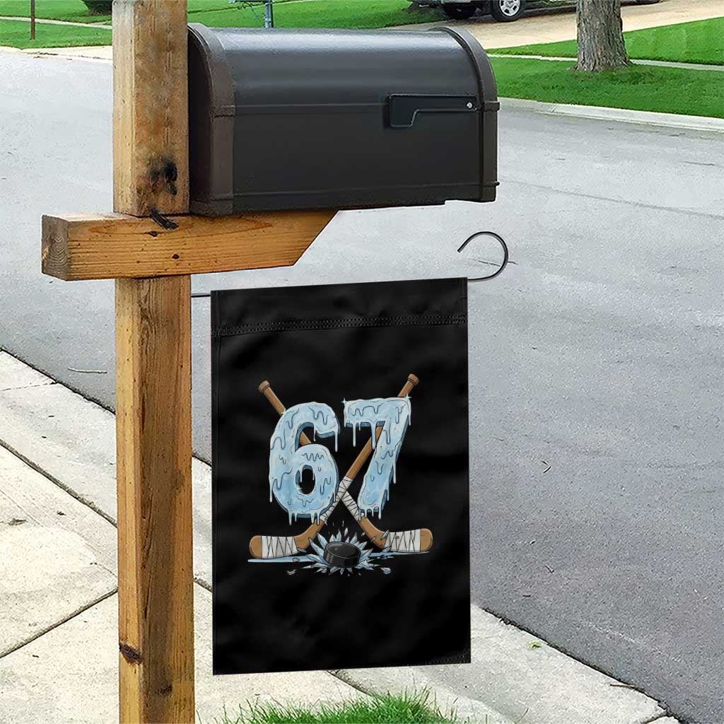 67 Ice Hockey Sticks and Puck Garden Flag Funny Six Seven Brainrot Dripping Number Melting Snow TS02 Print Your Wear