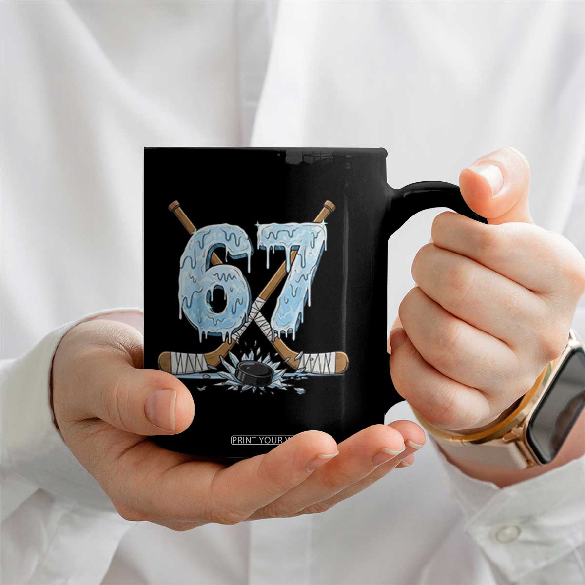 67 Ice Hockey Sticks and Puck Coffee Mug Funny Six Seven Brainrot Dripping Number Melting Snow TS02 Print Your Wear