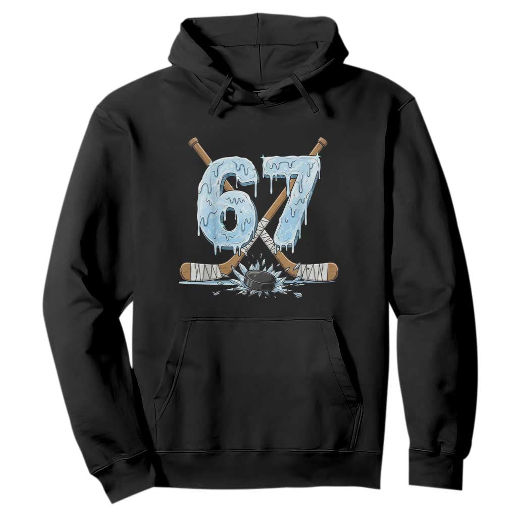 67 Ice Hockey Sticks and Puck Hoodie Funny Six Seven Brainrot Dripping Number Melting Snow TS02 Black Print Your Wear