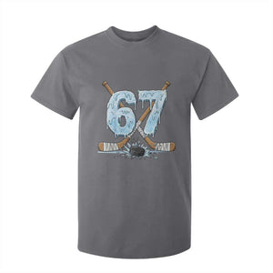 67 Ice Hockey Sticks and Puck T Shirt For Kid Funny Six Seven Brainrot Dripping Number Melting Snow TS02 Charcoal Print Your Wear