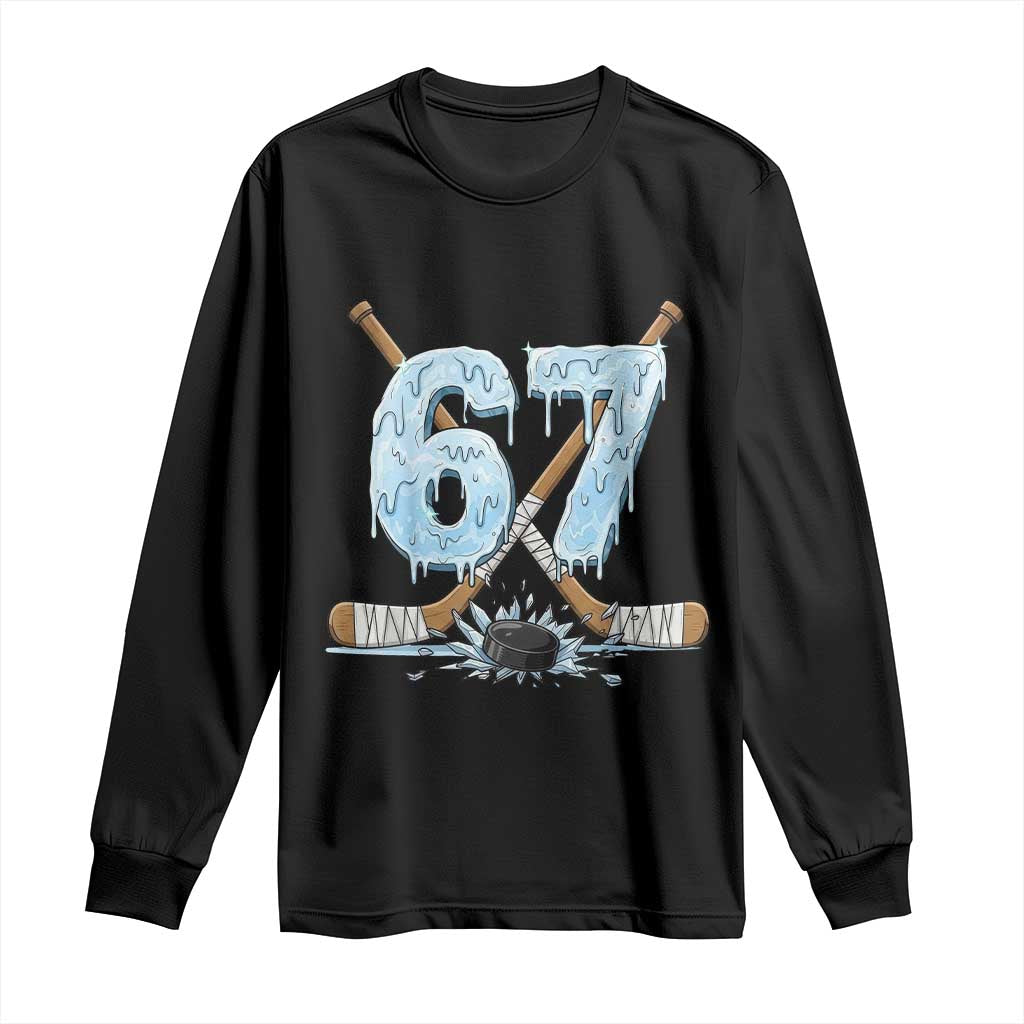 67 Ice Hockey Sticks and Puck Long Sleeve Shirt Funny Six Seven Brainrot Dripping Number Melting Snow TS02 Black Print Your Wear