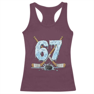 67 Ice Hockey Sticks and Puck Racerback Tank Top Funny Six Seven Brainrot Dripping Number Melting Snow TS02 Maroon Print Your Wear