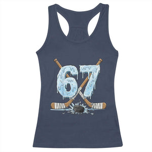 67 Ice Hockey Sticks and Puck Racerback Tank Top Funny Six Seven Brainrot Dripping Number Melting Snow TS02 Navy Print Your Wear