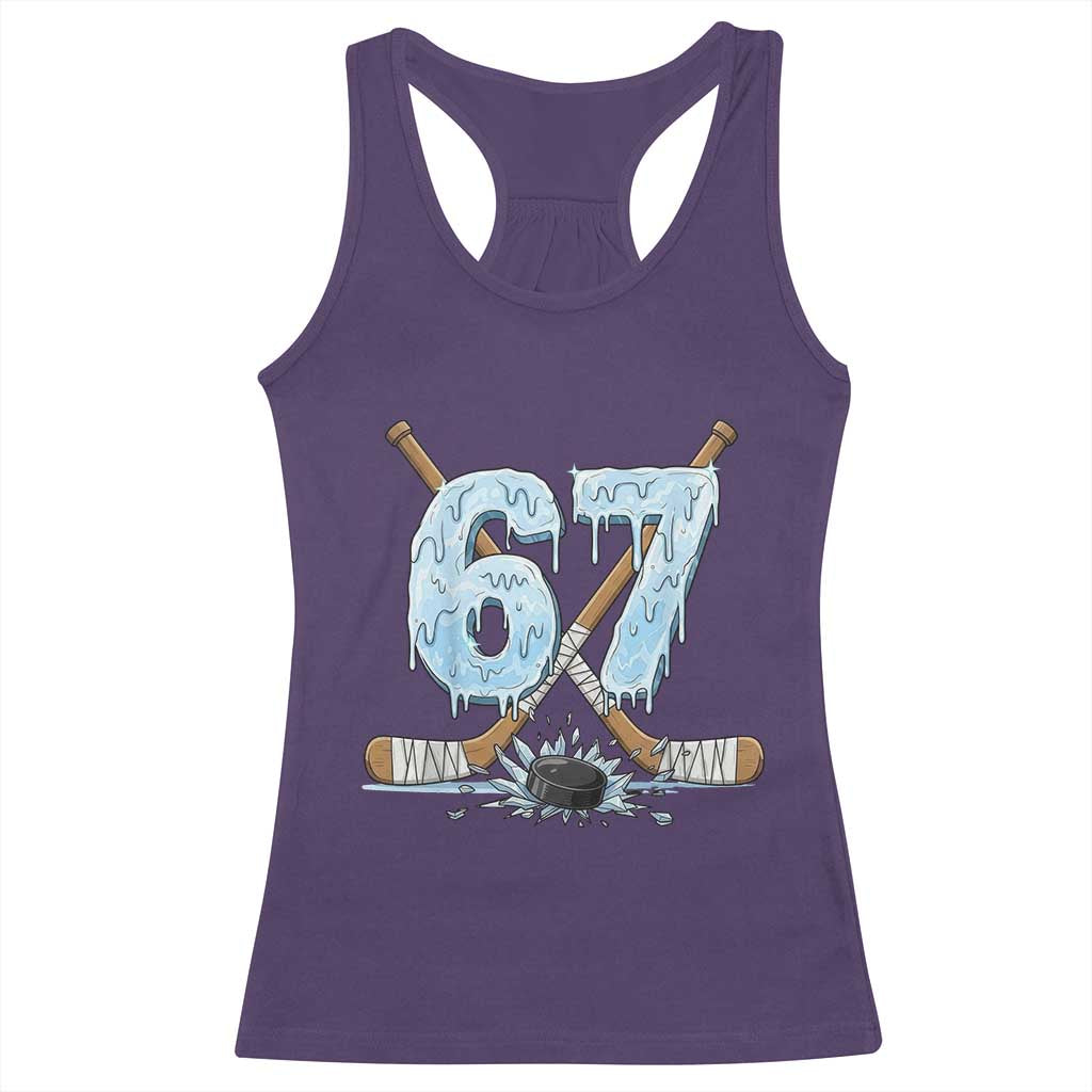 67 Ice Hockey Sticks and Puck Racerback Tank Top Funny Six Seven Brainrot Dripping Number Melting Snow TS02 Purple Print Your Wear