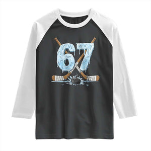 67 Ice Hockey Sticks and Puck Raglan Shirt Funny Six Seven Brainrot Dripping Number Melting Snow TS02 Black White Print Your Wear