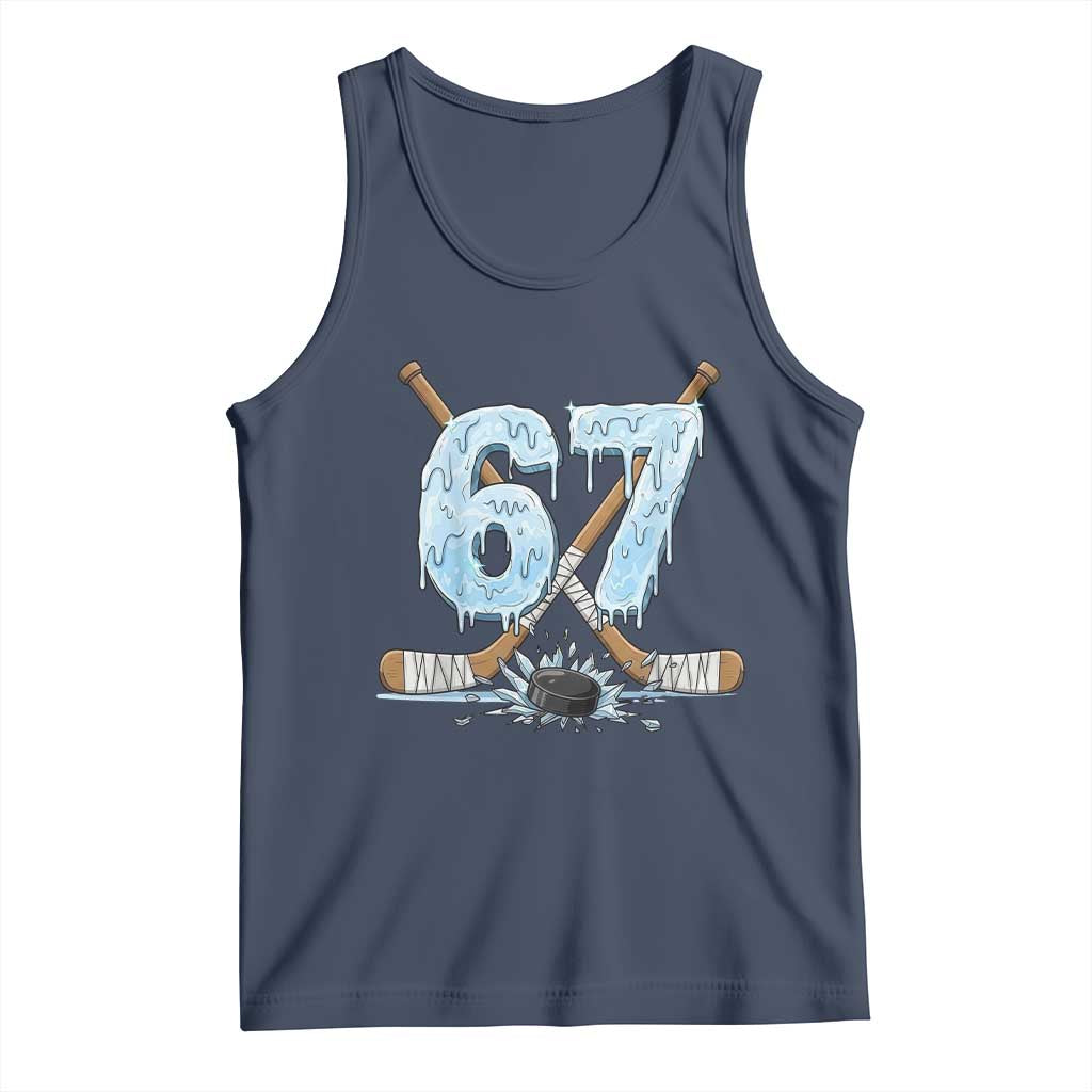 67 Ice Hockey Sticks and Puck Tank Top Funny Six Seven Brainrot Dripping Number Melting Snow TS02 Navy Print Your Wear