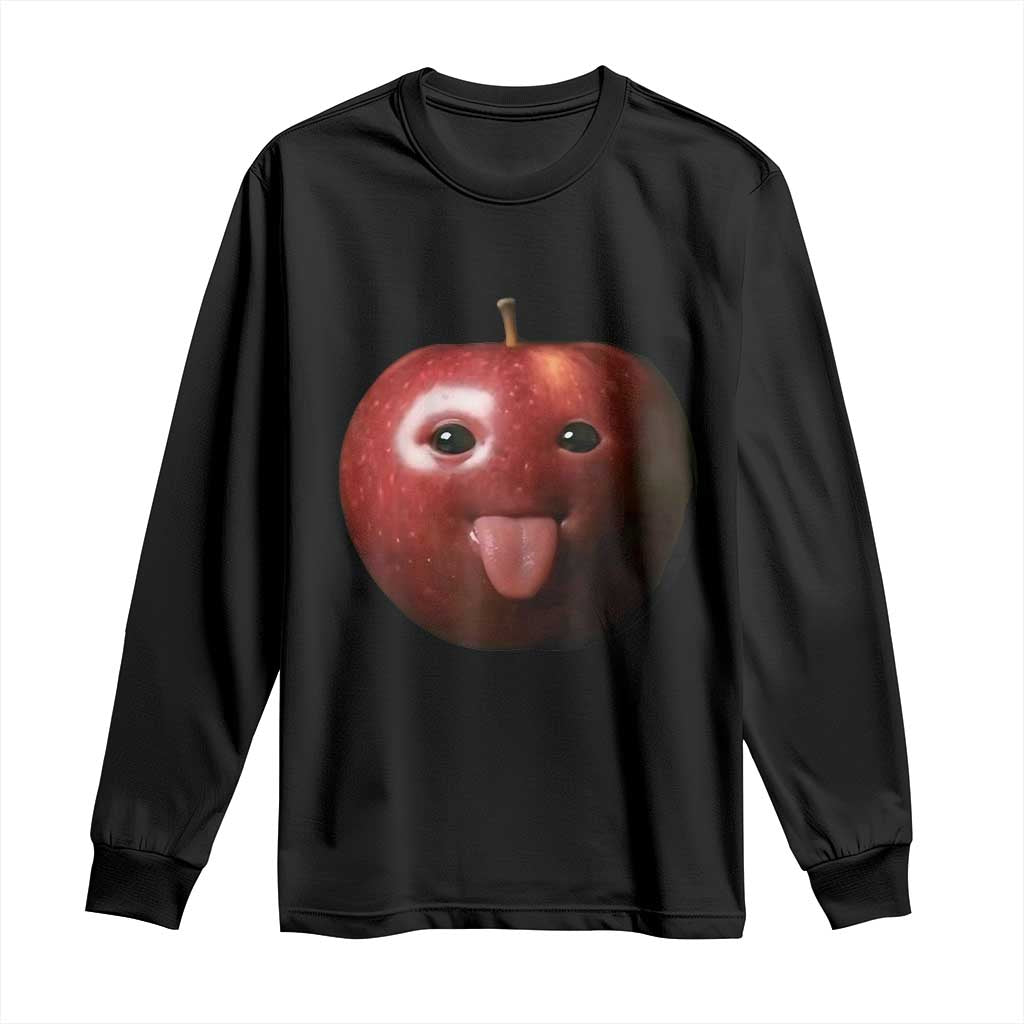 Cute Freaky Apple with Tongue Out Long Sleeve Shirt Funny Goofy AI Fruit Meme TS02 Black Print Your Wear