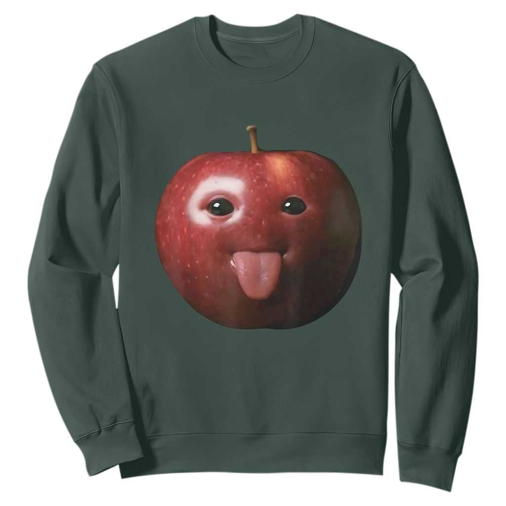 Cute Freaky Apple with Tongue Out Sweatshirt Funny Goofy AI Fruit Meme TS02 Dark Forest Green Print Your Wear