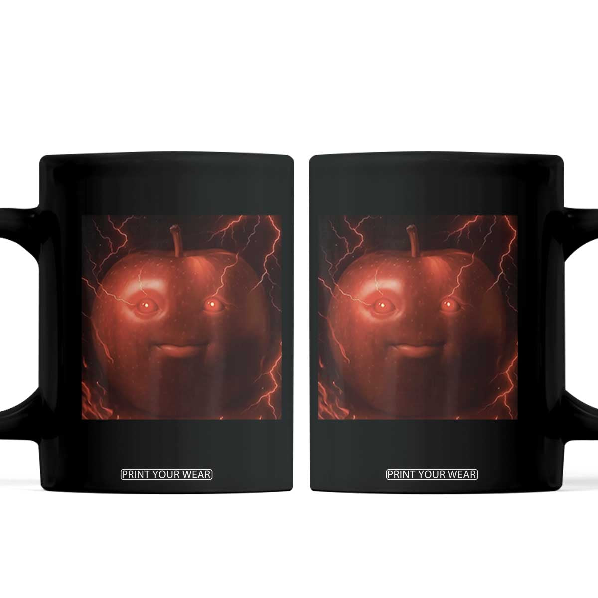 Evil Freaky Apple Meme Coffee Mug Creepy Dark AI Fruit Face With Glowing Eyes TS02 Black Print Your Wear
