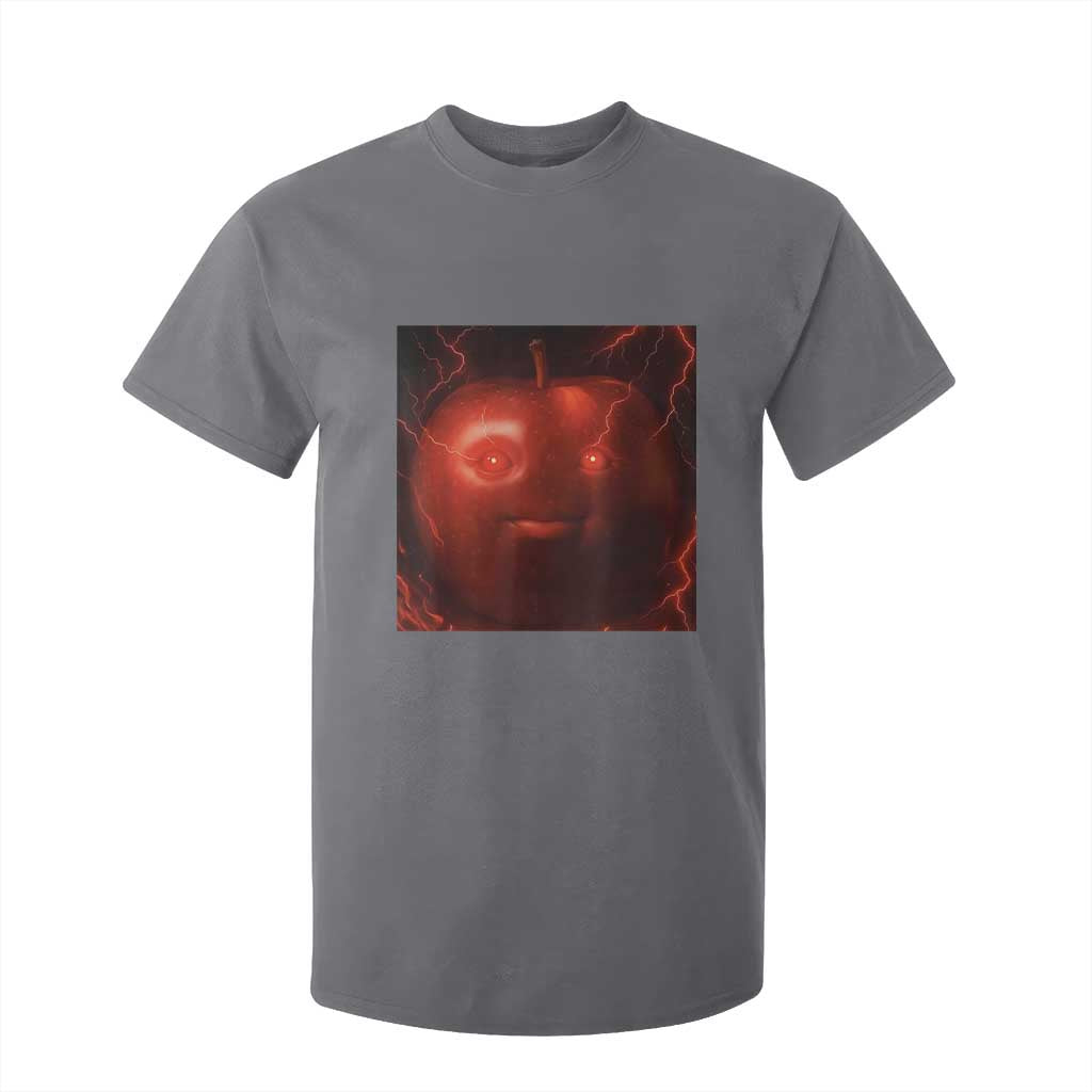 Evil Freaky Apple Meme T Shirt For Kid Creepy Dark AI Fruit Face With Glowing Eyes TS02 Charcoal Print Your Wear