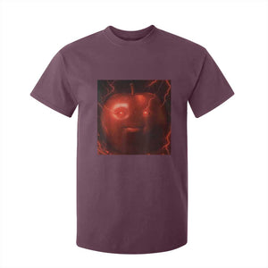 Evil Freaky Apple Meme T Shirt For Kid Creepy Dark AI Fruit Face With Glowing Eyes TS02 Maroon Print Your Wear