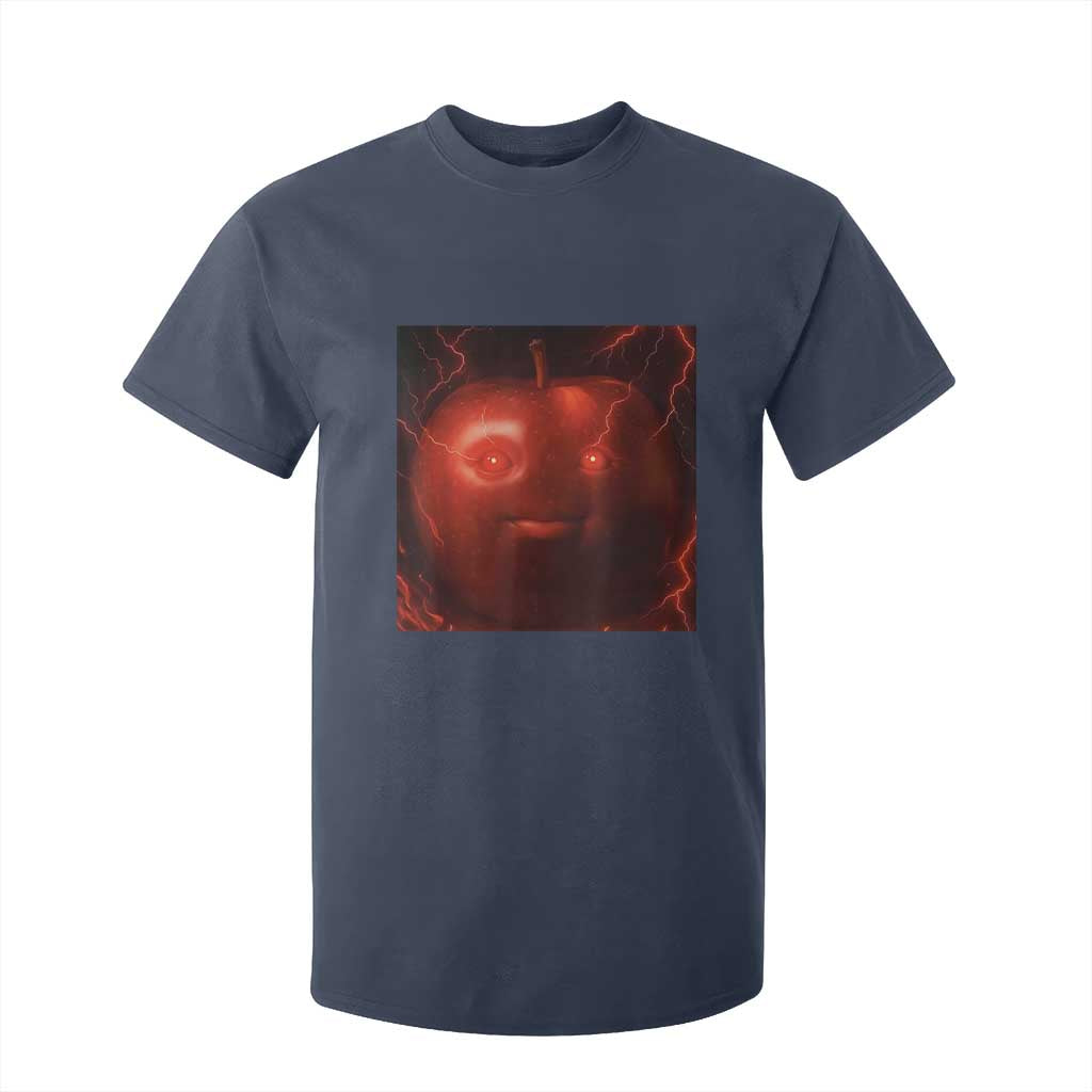 Evil Freaky Apple Meme T Shirt For Kid Creepy Dark AI Fruit Face With Glowing Eyes TS02 Navy Print Your Wear