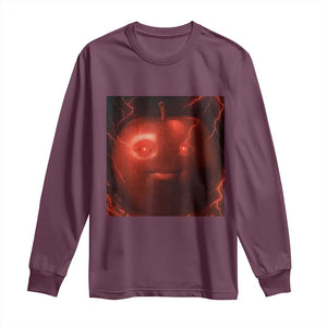 Evil Freaky Apple Meme Long Sleeve Shirt Creepy Dark AI Fruit Face With Glowing Eyes TS02 Maroon Print Your Wear