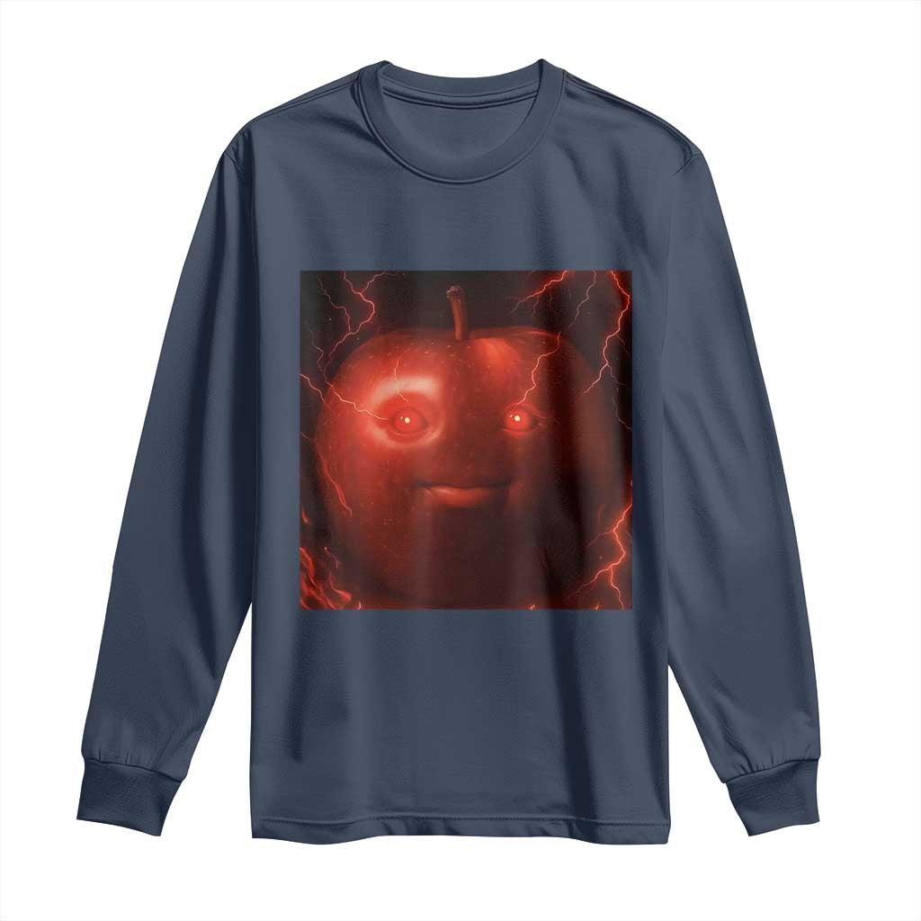 Evil Freaky Apple Meme Long Sleeve Shirt Creepy Dark AI Fruit Face With Glowing Eyes TS02 Navy Print Your Wear