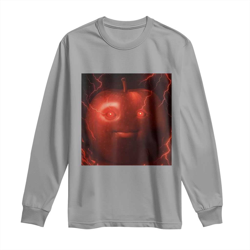 Evil Freaky Apple Meme Long Sleeve Shirt Creepy Dark AI Fruit Face With Glowing Eyes TS02 Sport Gray Print Your Wear