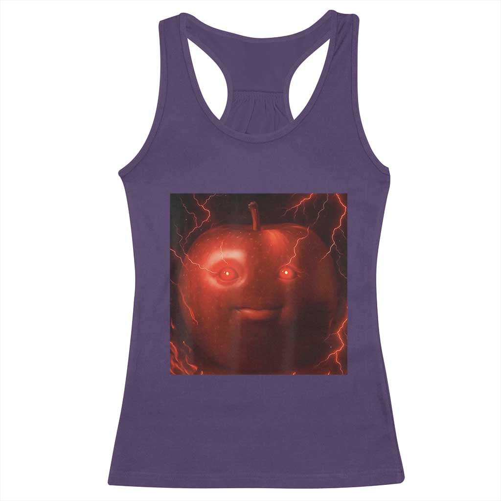 Evil Freaky Apple Meme Racerback Tank Top Creepy Dark AI Fruit Face With Glowing Eyes TS02 Purple Print Your Wear