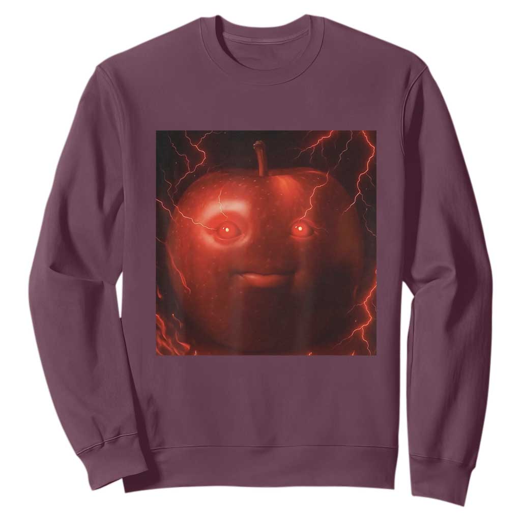 Evil Freaky Apple Meme Sweatshirt Creepy Dark AI Fruit Face With Glowing Eyes TS02 Maroon Print Your Wear